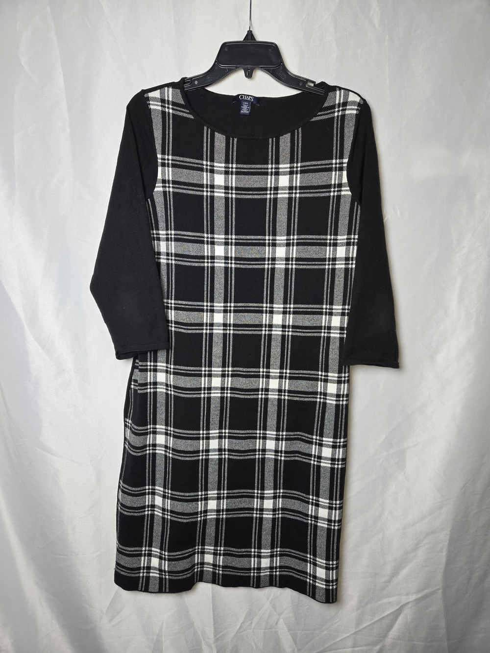 Chaps Black & White Plaid Long Sleeve Shift Dress
